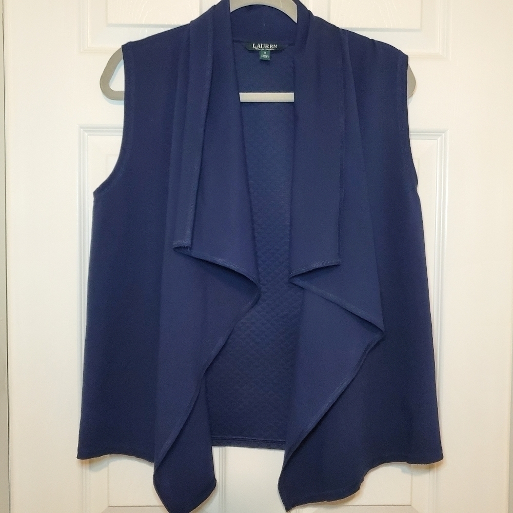 Lauren Ralph Lauren Women's Open Front Draped Cardigan Sleeveless Size M Navy
